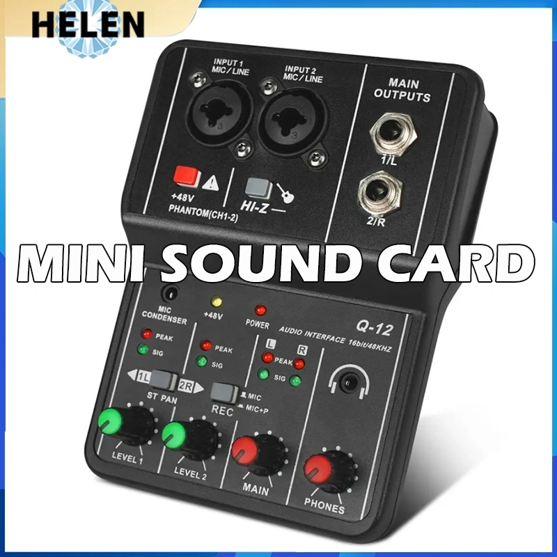 Portable Audio Q-12 Audio Interface Mini Mixer Professional Mini External Sound Card For Guitar Recording 48V Computer Guitar Studio PC