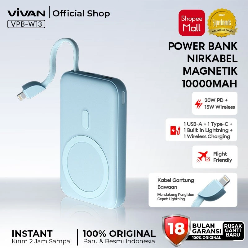 VIVAN Wireless Powerbank 10000mAh VPB-W13 VPB-W13C Magnetik Magsafe Fast Charge 15W 20W PD Type C Lightning Fast Charging Garansi 18 Bulan