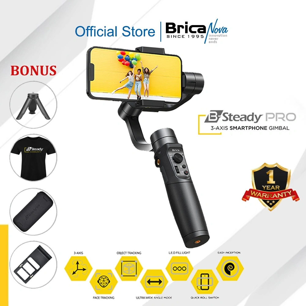Brica B-Steady PRO - 3 Axis Smartphone & Action Cam Gimbal Stabilizer - Bonus Kaos + Tripod Mini + Action Cam Holder + Hardcase - BSteady PRO - BSP3