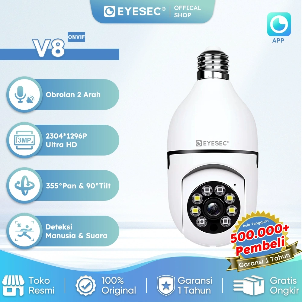 EYESEC CCTV Lampu V380 Pro 3MP Kamera CCTV Wifi Bohlam 360 PTZ Panoramic IP Camera CCTV (Free E27 Interface)