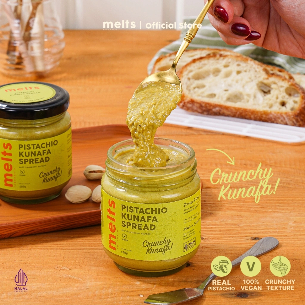 Melts Pistachio Kunafa Spread | Selai kacang Crunchy Plant Based Vegan untuk Roti Bahan Kue Baking Pastry Topping