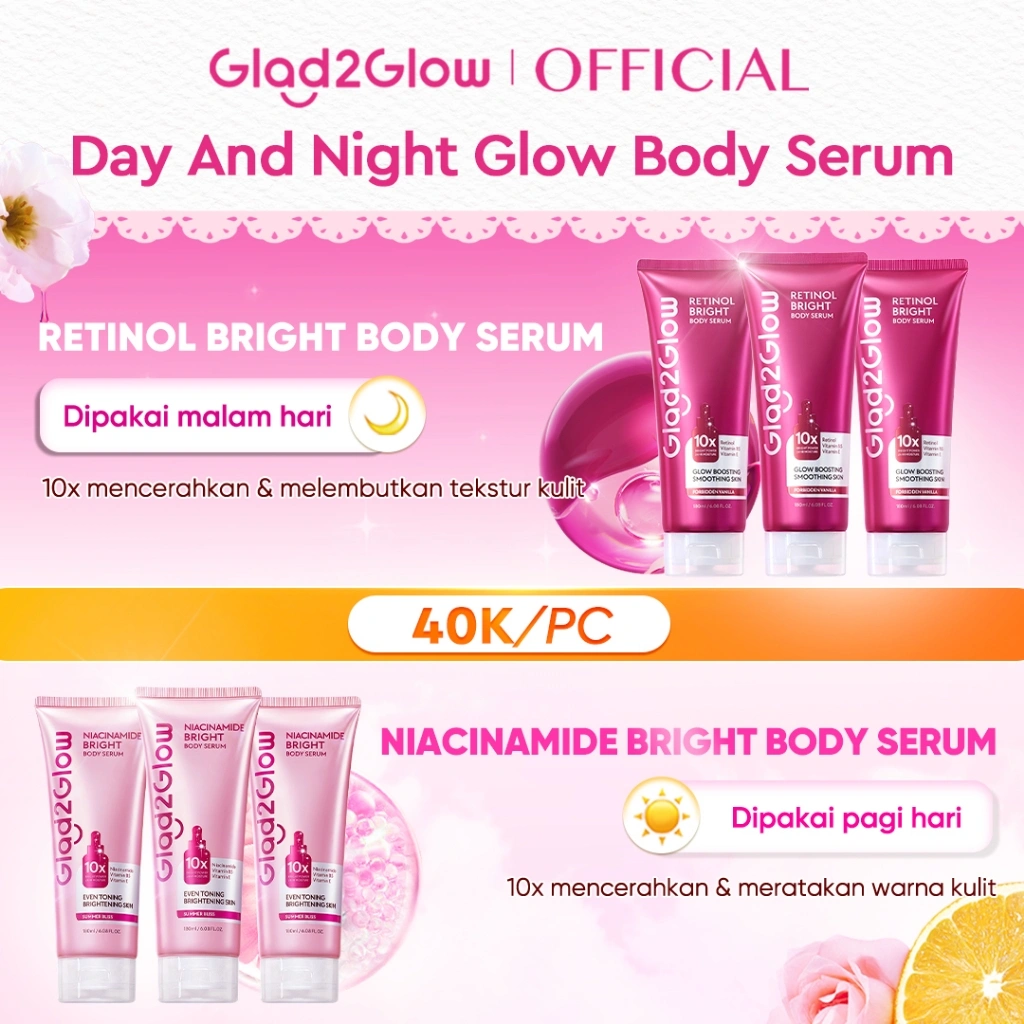 [Beli 6, 34K/PC]GLAD2GLOW NIACINAMIDE/RETINOL BRIGHT BODY SERUM BODY LOTION 10X Cerah Instant Absorb Whiten Tone Up All Day Bright Glow pemutih badan dengan parfum tahan lama Long Lasting Fragrance Handbody Body Cream Butter G2Glow Official Store