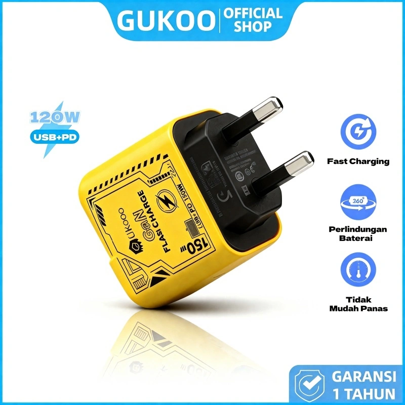 GUKOO Charger 150W Fast Charging - USB A + Type C - Indicator LED - Untuk Laptop & HP - Pengisian Super Cepat!