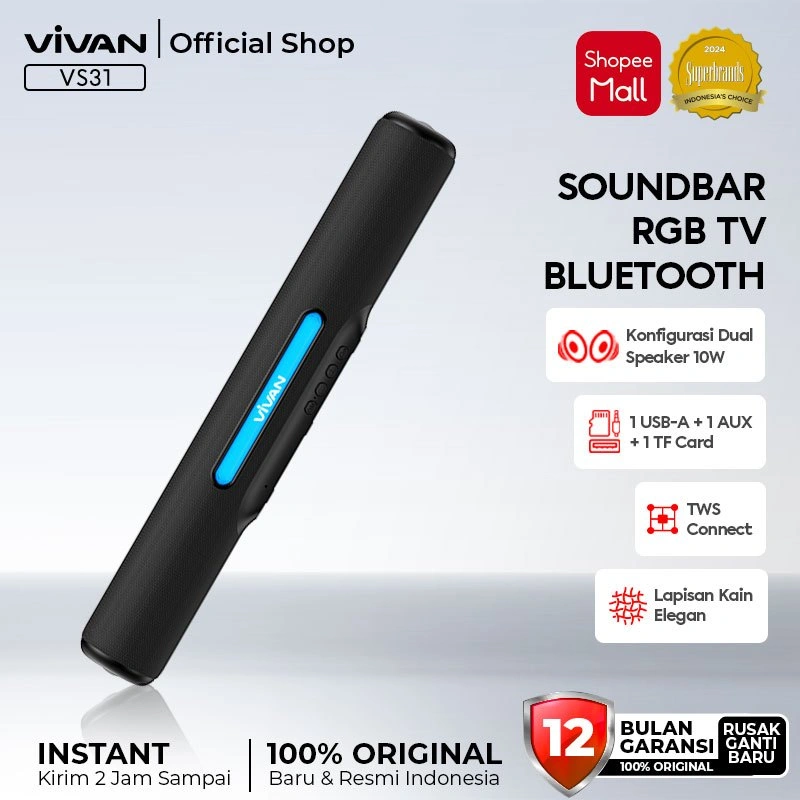 [STOCK READY] VIVAN Bluetooth Soundbar TV Super Bass Speaker RGB LED Lampu TWS Interkoneksi 4 Mode Playback VS31 Garansi 12 Bulan