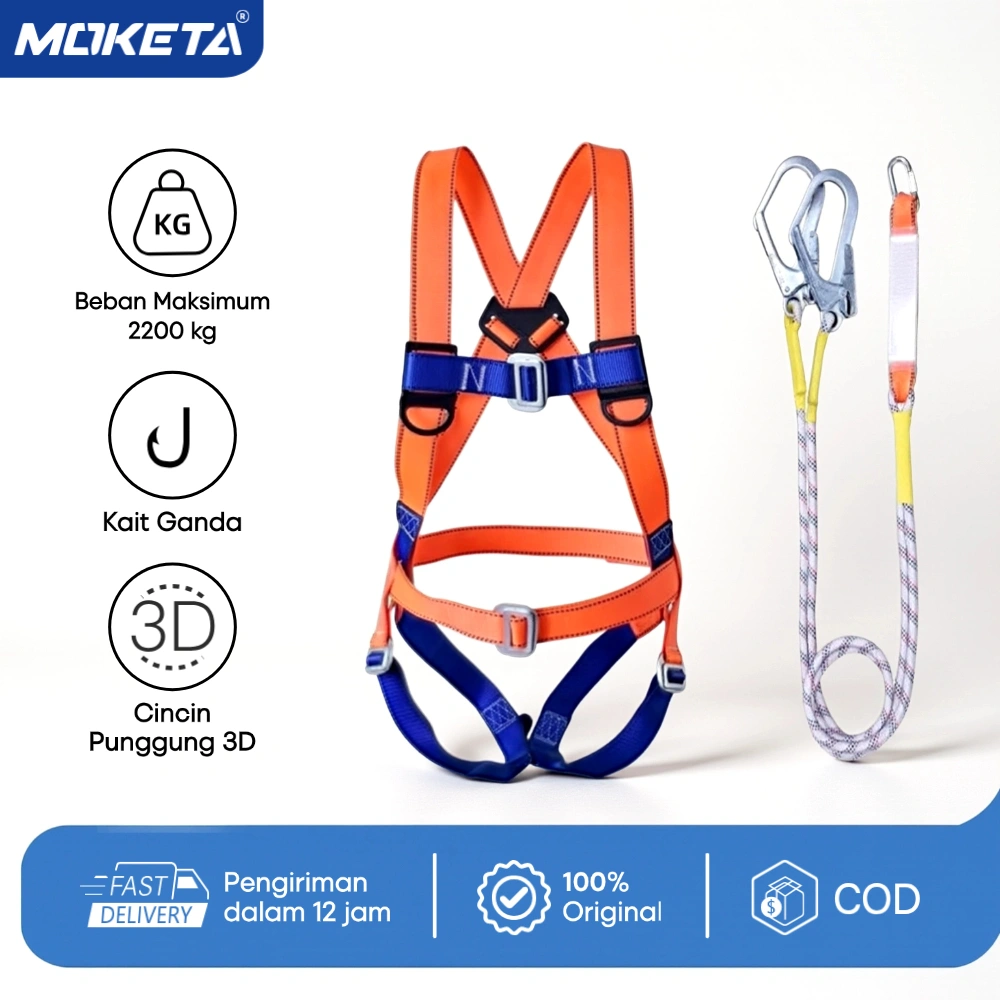 MOKETA Safety Harness Full Body Tali Dapat Diatur Kait Ganda Ukuran Besar Sabuk Pengaman Kerja Di Ketinggian Perlengkapan Keselamatan
