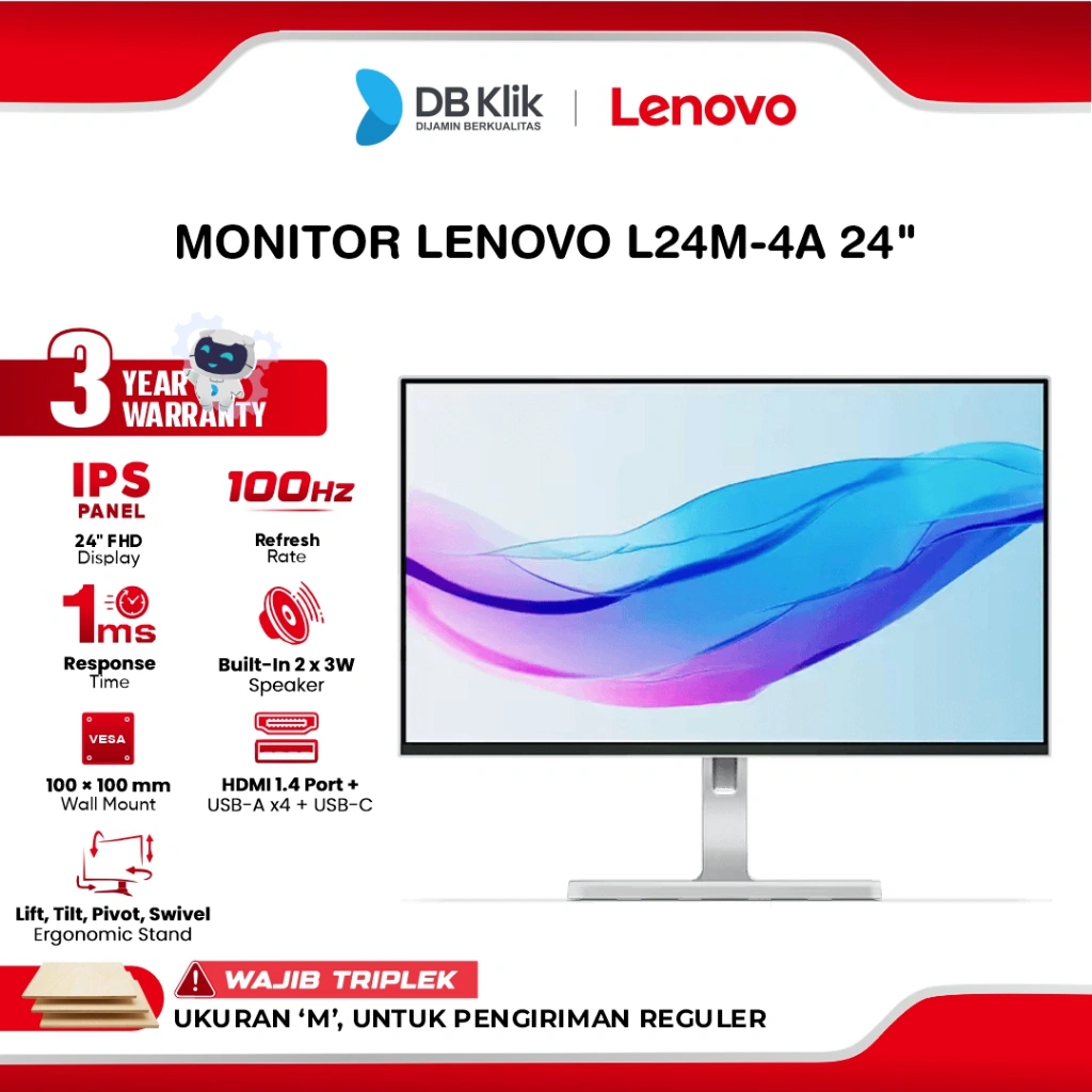 LENOVO LED Monitor L24M-4A 24" IPS FHD 100Hz 4ms AMD FreeSync Built in Speaker Full Ergonomic Stand HDMI USB-C