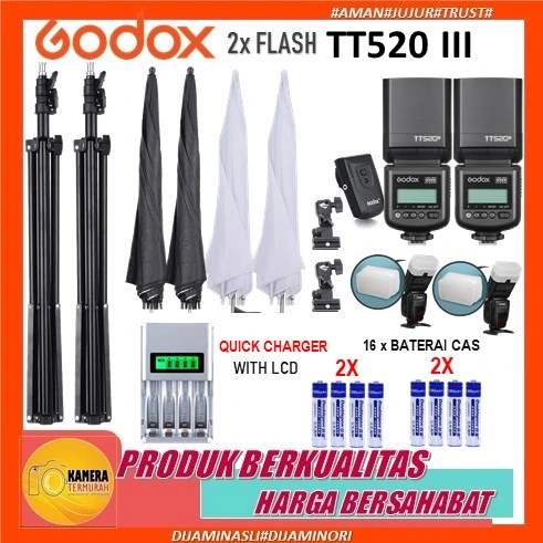 Paket Lampu Studio Flash Godox TT520III TT 520 III + Payung Payung Studio + Light stand