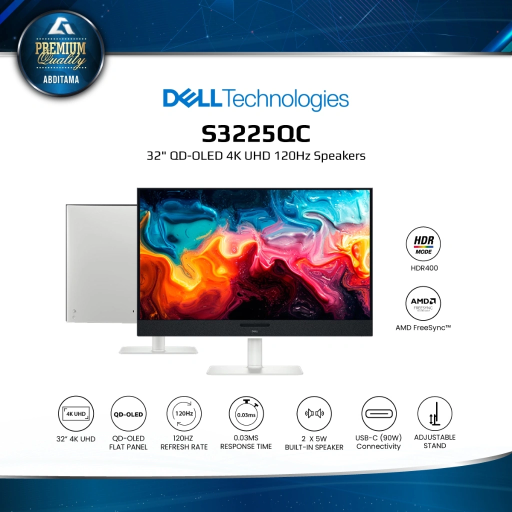 Monitor OLED DELL S3225QC 32" QD-OLED 4K UHD 120Hz HDMI 2.1x1 USB-C 90w Full Ergonomic Stand Speakers 25w VESA DisplayHDR True Black 400 31.6-inch 4K QD-OLED Monitor with AI-Enhanced 3D Spatial Audio for Captivating Entertainment Experiences