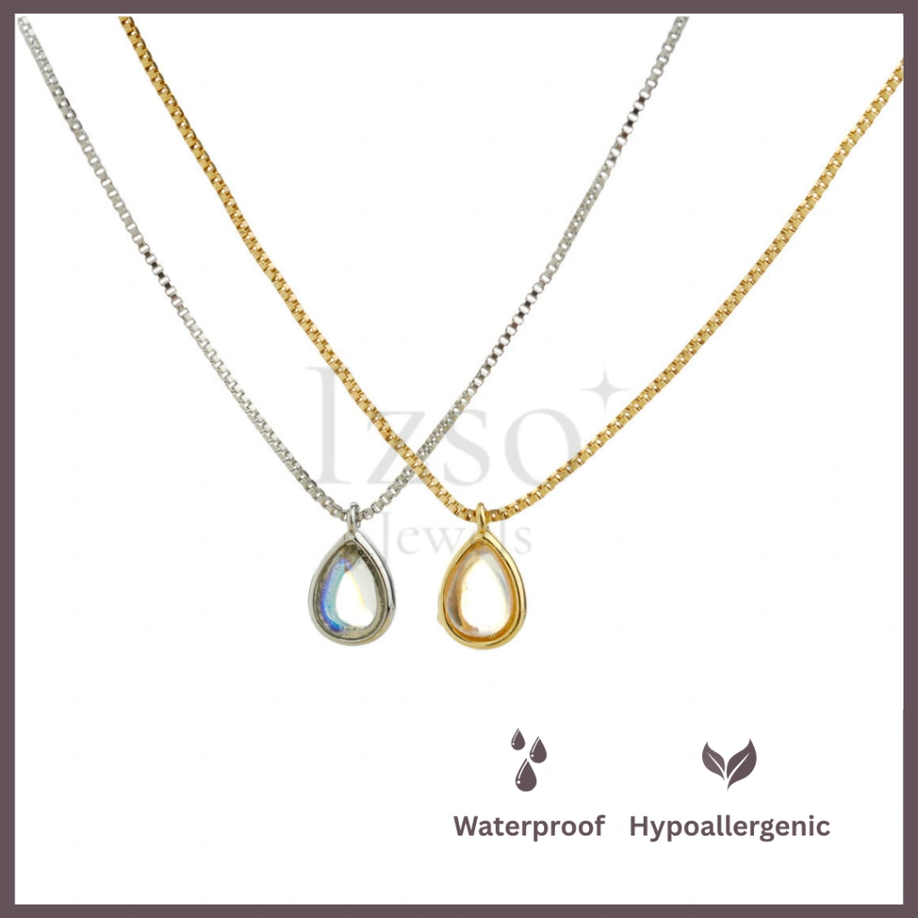Izso Jewels - Loreta Moonstone Necklace - Moonstone Teardrop Droplet Pendant S925 Sterling Silver
