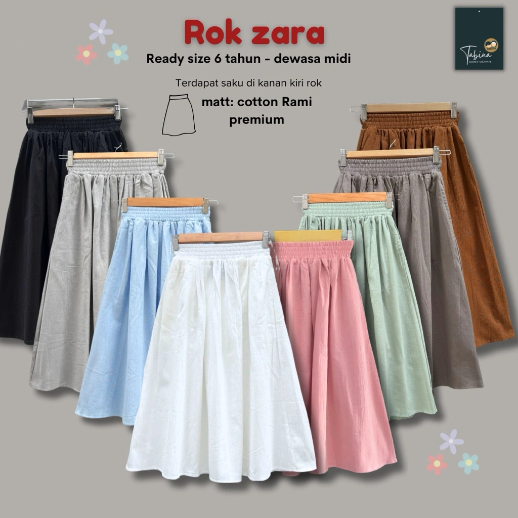 Tabina Rok Anak Perempuan Hingga Dewasa MIDI seri Zaraa Bahan Katun Rami usia 5 tahun hingga Dewasa