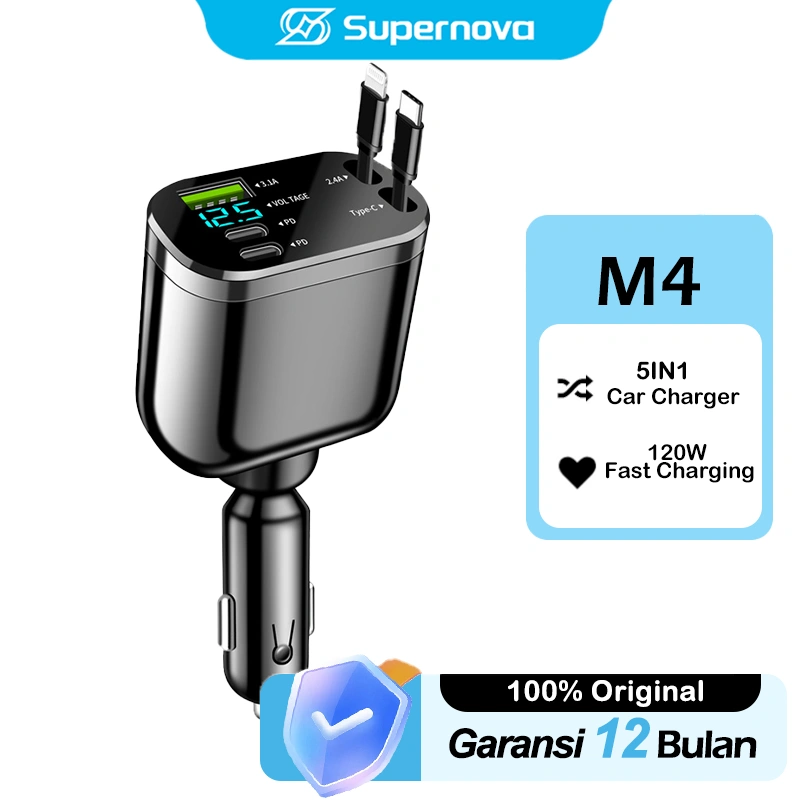 Supernova 5 In 1 120W Fast Charging Car Charger Mobil & Motor Rectractable Cable Type-C Dan Iphone M4