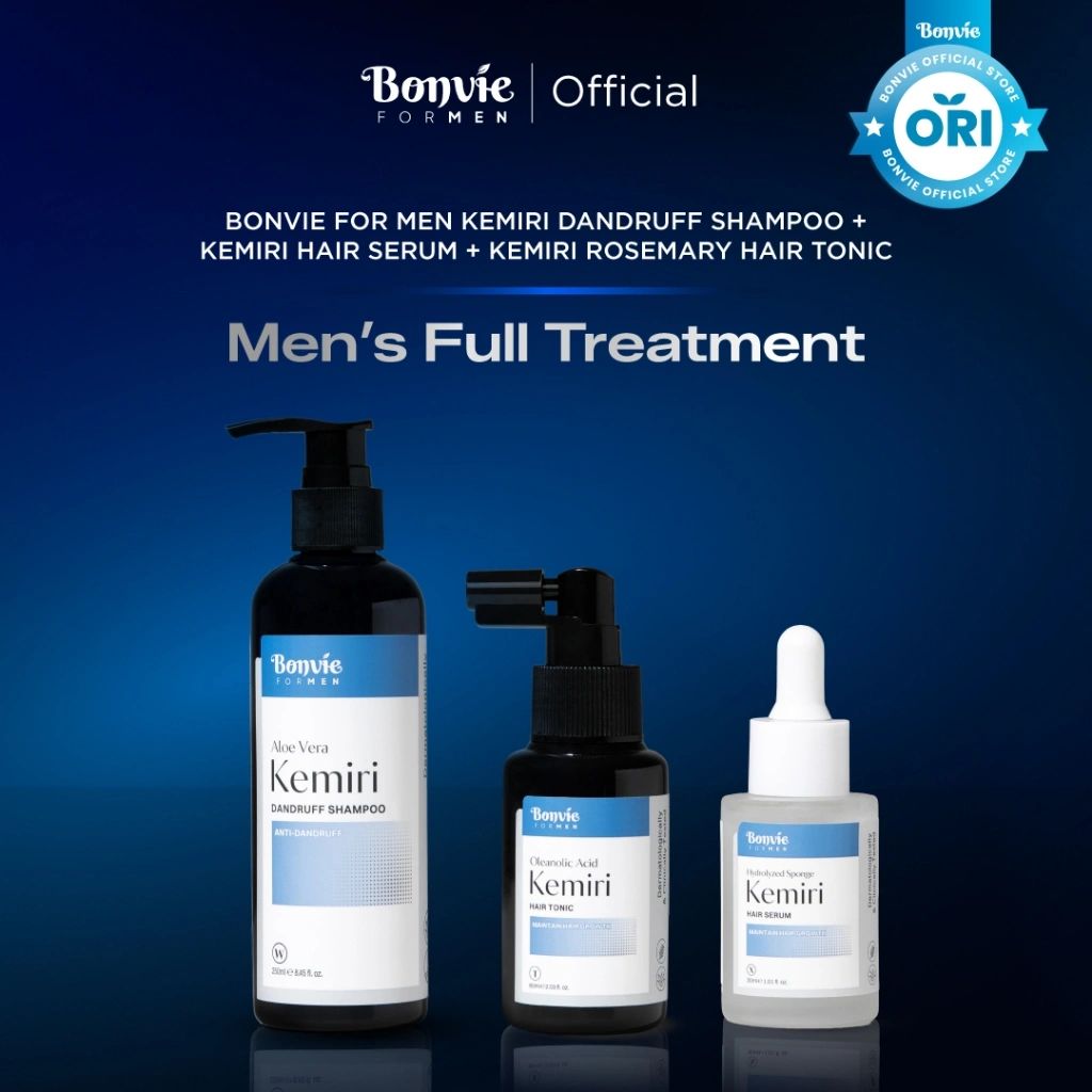 [BONVIE FOR MEN] Full Treatment (Shampoo Aloe Vera Kemiri Anti Dandruff 250ml + Oleanolic Acid Kemiri Hair Tonic 60ml + Hydrolyzed Sponge Kemiri Hair Serum 30ml) Package