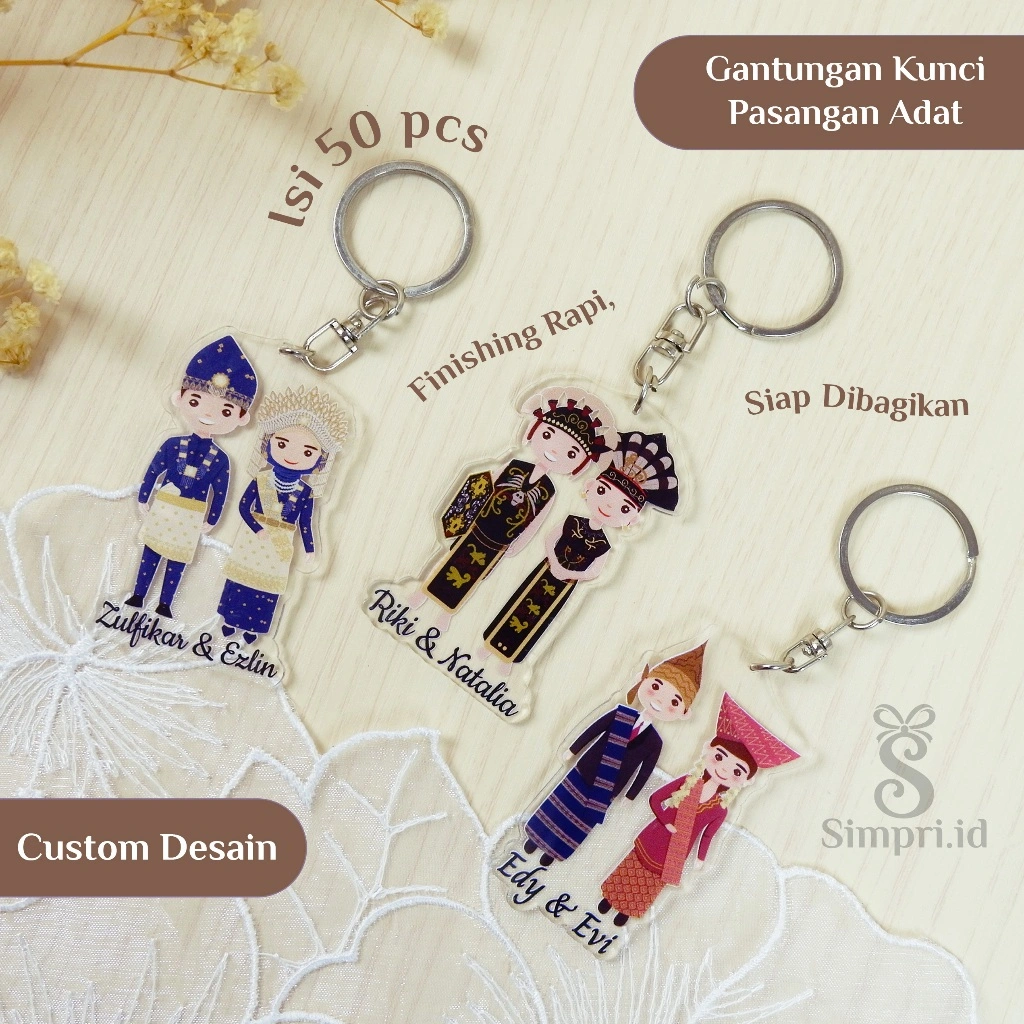 Isi 50 Souvenir Pernikahan Adat Gantungan Kunci Custom Cetak UV & Laser Presisi