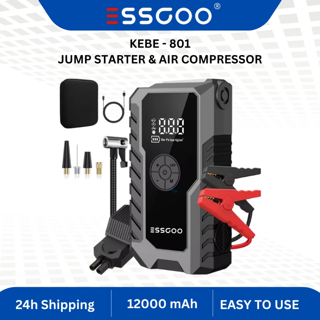 ESSGOO KEBE-801 12000 mAh Jump Starter Aki Powerbank Pompa Angin Portable Jumper Aki Mobil