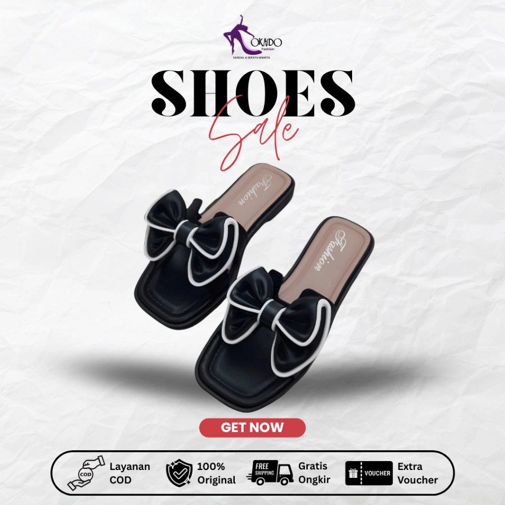 OKAIDO Sandal Flat Slides Wanita Cewek Perempuan Gaya Fashion Korea Style Motif Pita