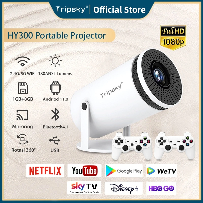 Tripsky HY300 Proyektor mini Portable HD Smart Projector Android 11 OS 180 ANSI Lumen TV Proyektor