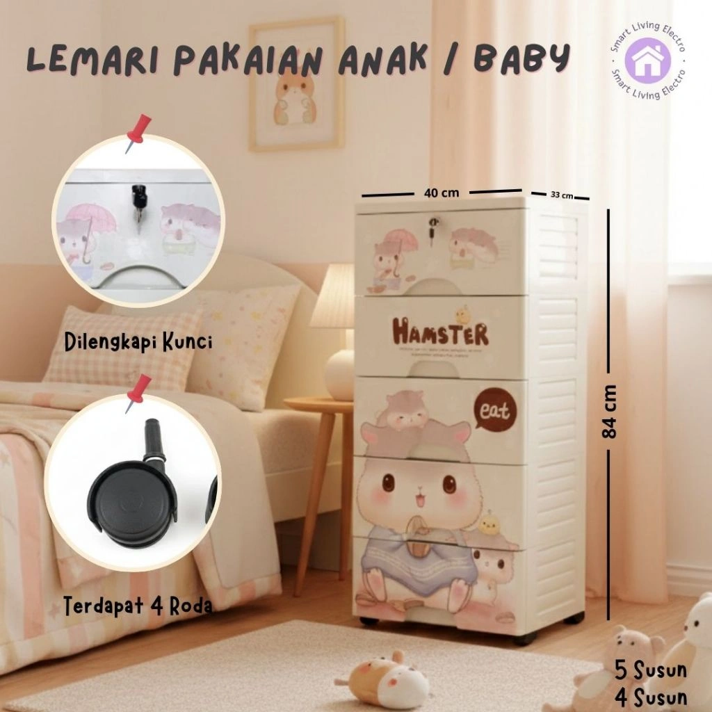 Lemari Pakaian Anak 4 Tingkat 5 Tingkat Lemari Plastik Karakter Penyimpanan Pakaian Baby