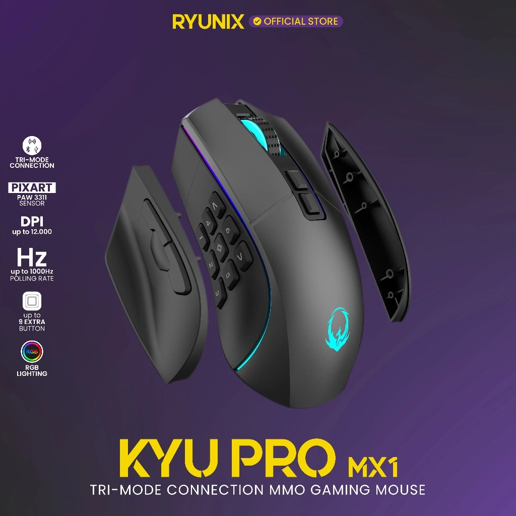 Sades Ryunix Mouse Gaming Wireless Bluetooth MMO MOBA KYU Pro MX1 Tri Mode Connection