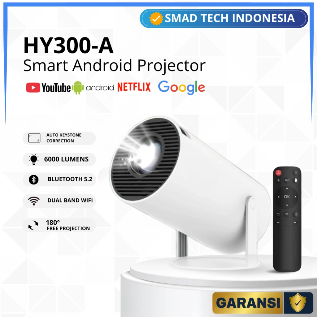 Smart HY300 A Projector 4K HD Android Dual WIFI 6.0 6000 Lumens Bluetooth RAM 2/16 GB