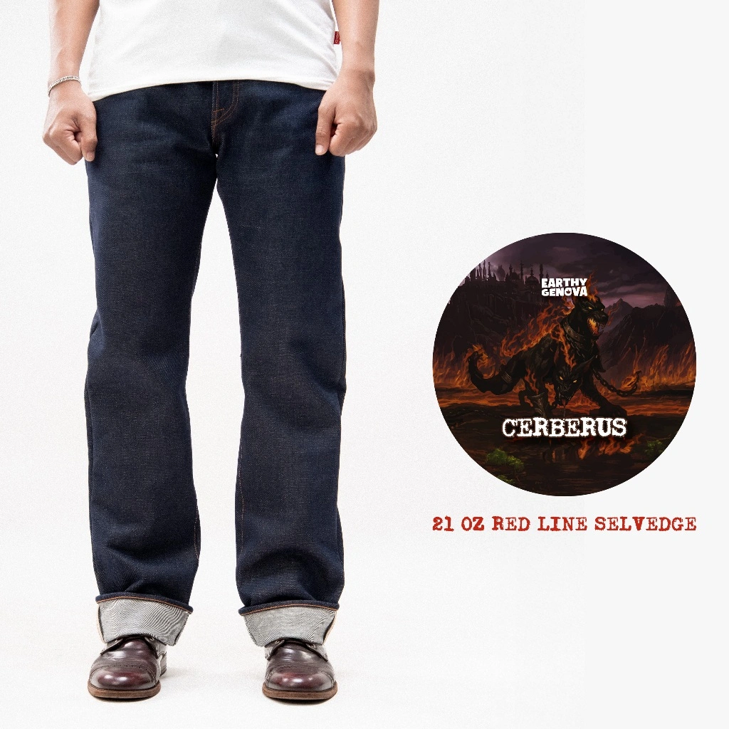 EARTHY GENOVA - Denim Selvedge CERBERUS RED Line Selvedge 21 Oz Sanforized Celana Raw Jeans Pria Deep Indigo