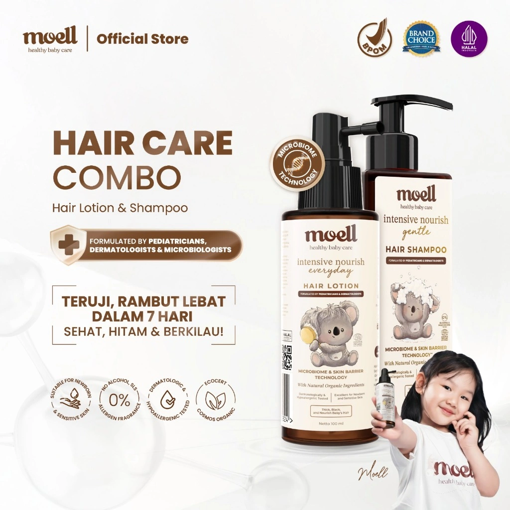 Moell Hair Care - Hair Lotion 100gr & Shampoo 185gr - Menumbuhkan & Melebatkan Rambut Bayi & Anak - Panax Ginseng,Kemiri, Biotin - Skincare Bayi - Aman untuk kulit sensitif