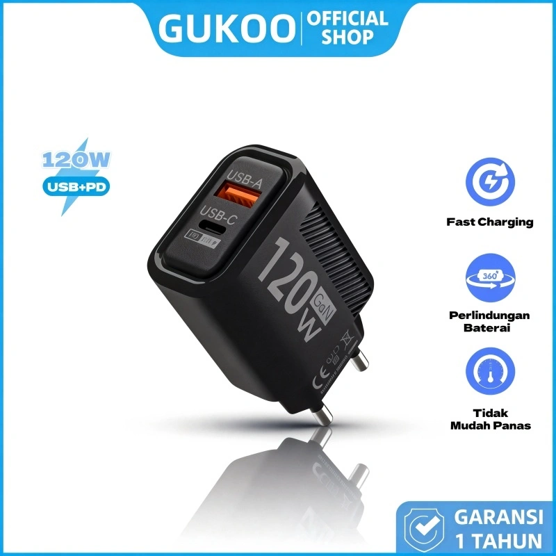 GUKOO Charger Fast Charging Super Cepat Type C + USB - Ga Pake Lama! Isi Daya Laptop & HP Sekaligus - Bisa COD!