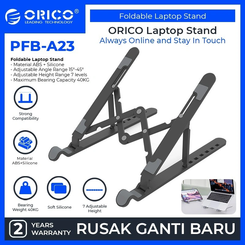 ORICO Dudukan Pendingin Laptop ORICO yang Dapat Diangkat & Dilipat Anti Selip dengan Sudut 7 Tingkat yang Dapat Disesuaikan , Peninggi Notebook yang Kompatibel dengan MacBook Air Pro, Dell XPS, 10-15,6" Notebook dan Tablet PFB-A23