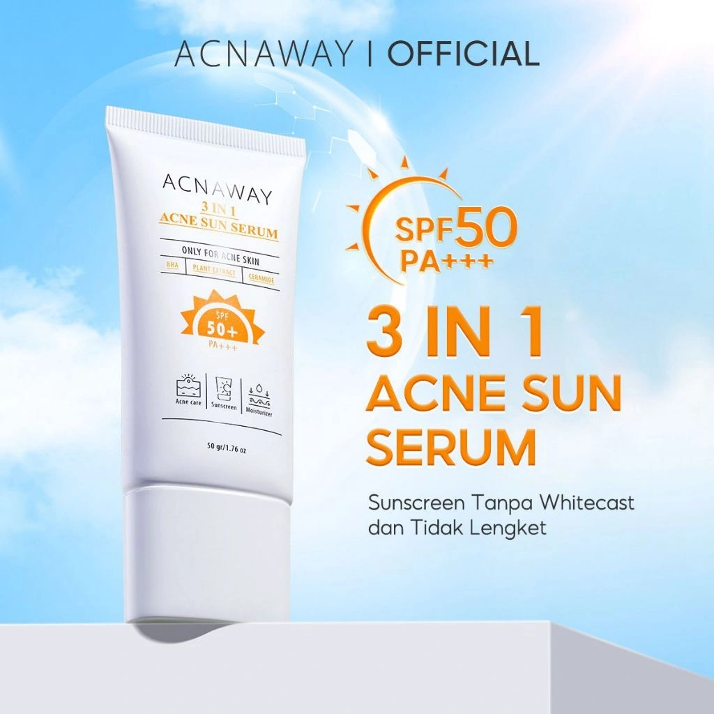 ACNAWAY 3 in 1 Acne Sun Serum SPF 50+ PA+++ – Sunscreen Wajah untuk Kulit Berjerawat & Sensitif | Melindungi Kulit dari Sinar UV, Mencerahkan, Merawat Skin Barrier Sunscreen Acne Prone Oily Skin Non Comedogenic Sun Screen Brightening Whitening
