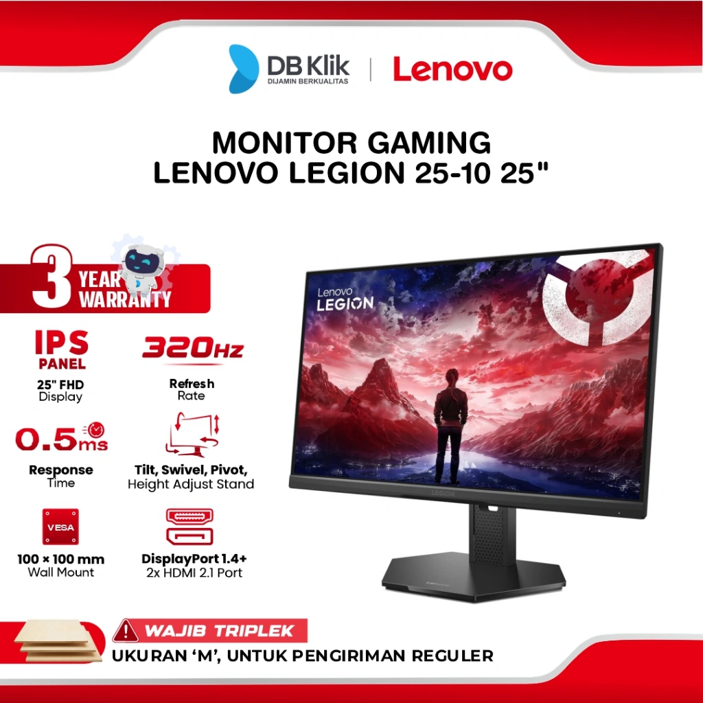 Lenovo Legion 25-10 Monitor Gaming 25" IPS FHD 320Hz 0.5ms AMD FreeSync + G-Sync HDR10 Full Ergonomic Stand HDMI DP