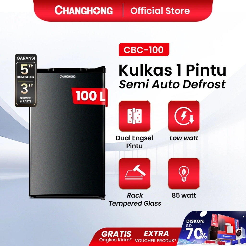 Changhong Kulkas 1 pintu (Refrigerator) Lemari Es Kapasitas 100 Liter – Black CBC 100 (Semi Auto-Defrost ) (Ajustable Door Bisa Di Buka Dari Kanan/Kiri) (Penyimpanan Besar) (Pintu Fleksibel) (Freezer Yang Terpisah) (Pembekuan Cepat)