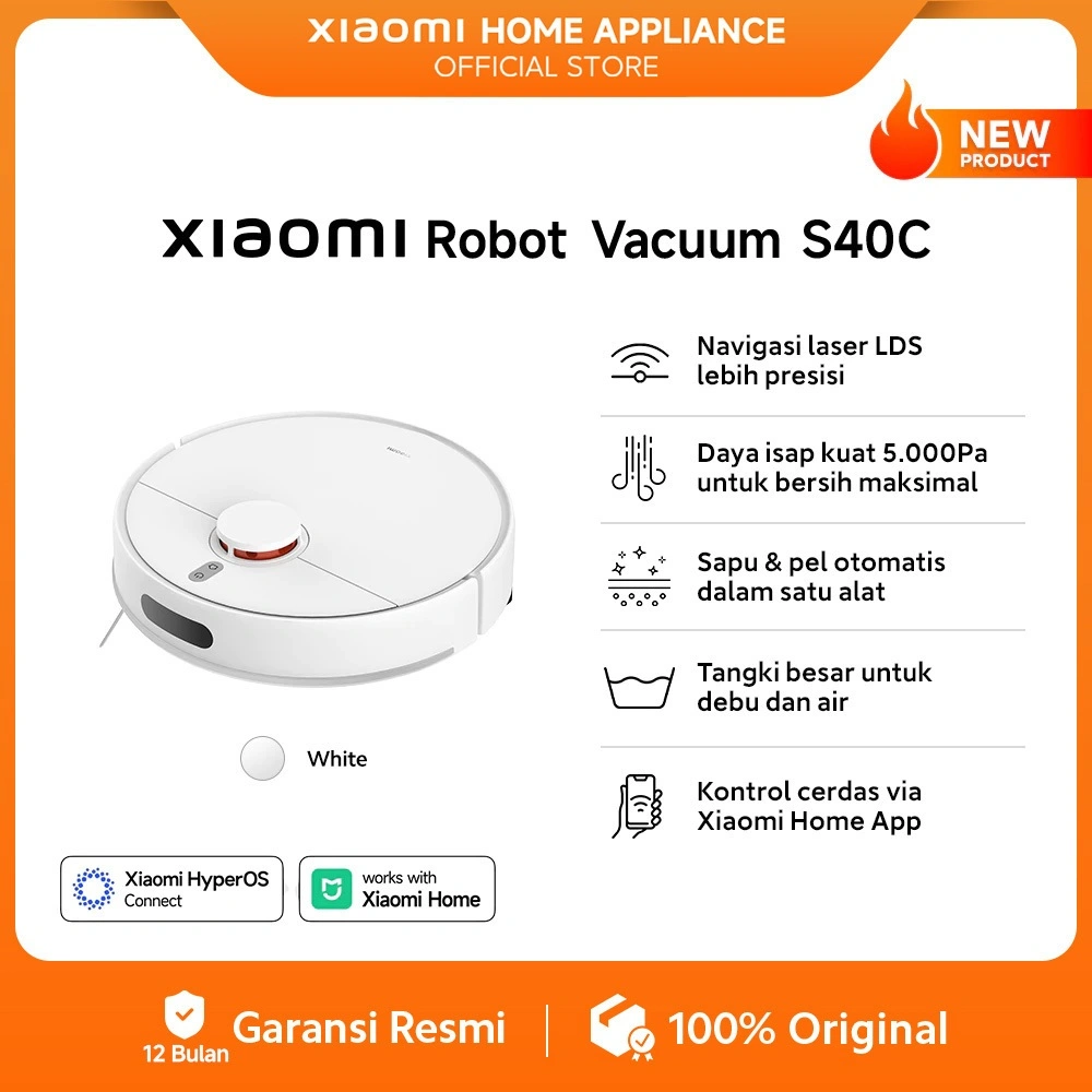 Xiaomi Robot Vacuum S40C | Navigasi laser LDS lebih presisi | Kontrol cerdas via Xiaomi Home App | Sapu & pel otomatis dalam satu alat | Daya isap kuat 5.000Pa untuk bersih maksimal | Tangki besar untuk debu dan air [Official Store]