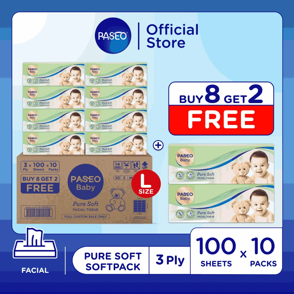 Buy 8 Get 2 Free Paseo Baby Pure Soft Premium Facial Tissue 3ply 100's | Tisu Bayi 3 helai Tissu Wajah - Karton
