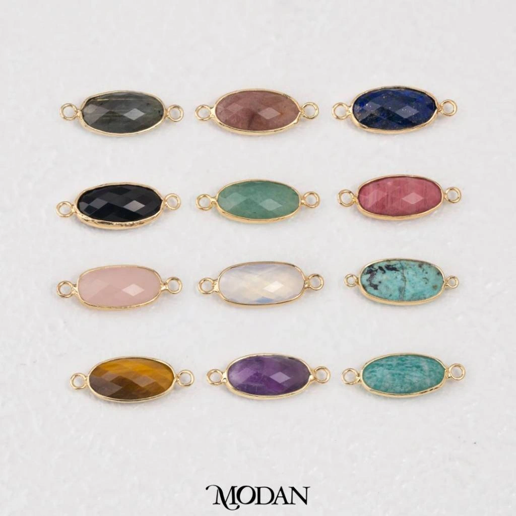 MODAN DIY - Natural Gemstones Boho Style Oval Connector Liontin Oval Amazonite Pink Quartz Tiger Eye