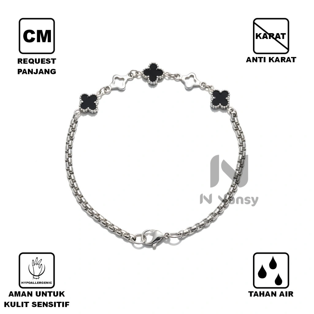 Gelang Clover Bolak Balik Rolo Stainless Steel Wanita Pria Anti Karat | Tahan Air | Anti Pudar Elegan Simple Minimalis | Perhiasan Fashion Rantai Silver Hitam Empat Daun Clover Charm | Aksesori Cewek Cowok Unisex | Bisa Request Panjang | Kado Hadiah
