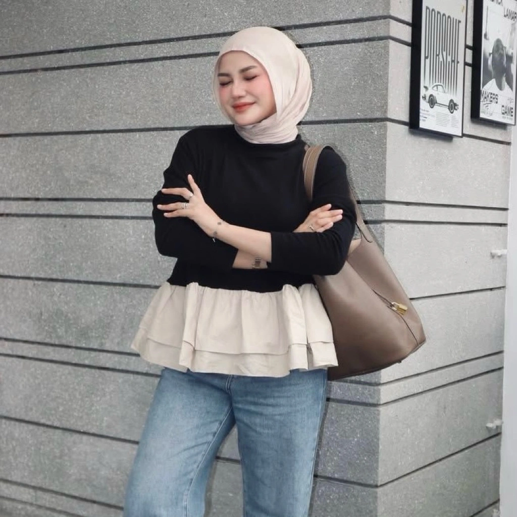 Floral Id - Blouse Peplum Knit Mix Poplin Nerina Blouse Rample Wanita Lengan Panjang