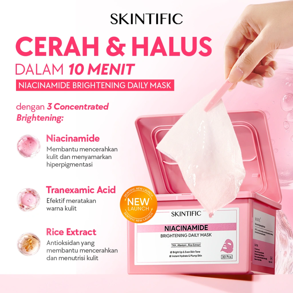 NEW SKINTIFIC Niacinamide Brightening Daily Mask 10-minute daily brightening treatment 30sheets | Hydrate skincare ton up dark spots masker mencerahkan wajah Glow sheet masker wajah komedo dan pori