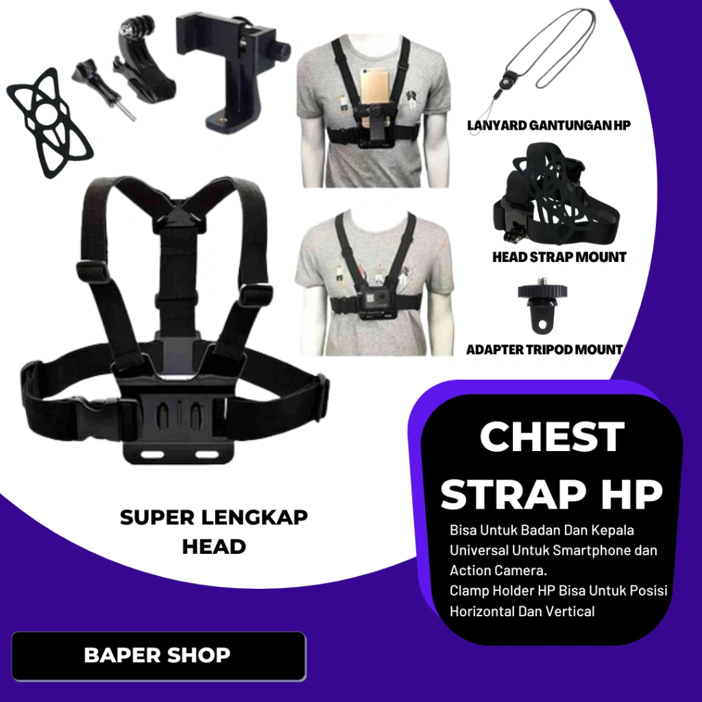 Chest Strap Tali Dada Handphone & Mount Kamera Body Belt Holder HP Clip Clamp Smartphone Universal