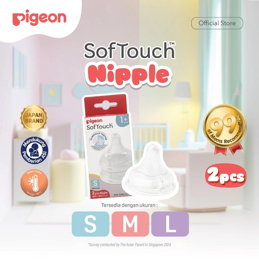 PIGEON SofTouch Nipple Wide Neck - 2pcs Box Original Asli | Pilih Size | Dot Seperti Payudara Ibu | | Nipple Dot Bayi Botol Susu | Elastis & Lembut | Anti Kolik | Anti Kembung (Lubang AVS) | Tidak Bingung Puting
