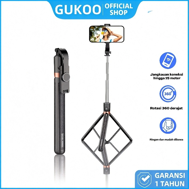 GUKOO Selfie Stick Bluetooth 1.7m Tripod, Shutter Jarak Jauh, Ringkas & Portable, Tinggi Bisa Diatur, Cocok untuk Travel & Vlogging