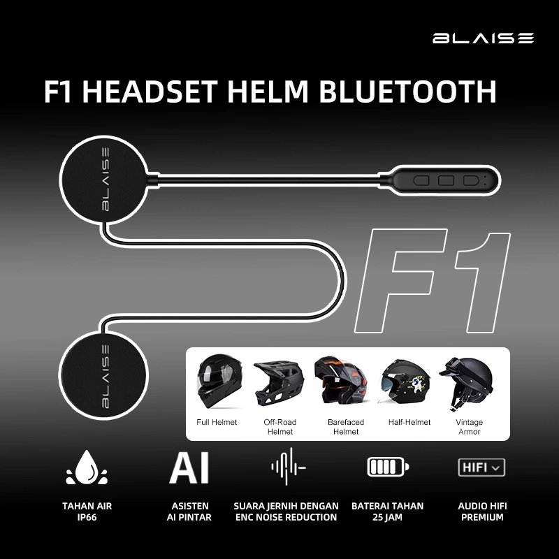 Blaise F1 Headset Bluetooth untuk Helm Headset Nirkabel Bluetooth dengan Ketahanan Air IP56, Jawaban Otomatis, Suara HIFI, Baterai 300mAh, dan Fungsi Interkom untuk Pengendara Motor