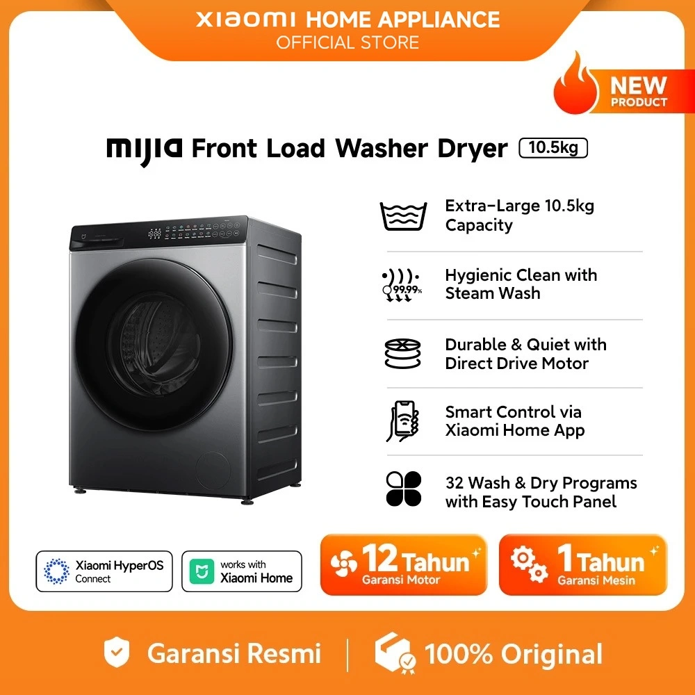 [Unit Only] Xiaomi Mijia Mesin Cuci Front Load Washer Dryer 10.5kg | Steam Wash | Direct Drive Motor | Smart Control | WD105MJA10ID [Official Store]
