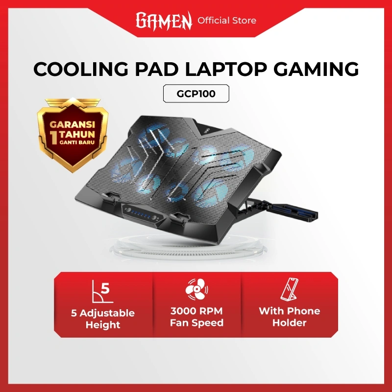 GAMEN GCP100 Cooling Pad Laptop Gaming – Kipas 8 Inti 3000 RPM, 6 Level Kecepatan Angin, Silent Fan, Stand Laptop + Phone Holder, Desain Black Myth Wukong, Cooler Laptop Original