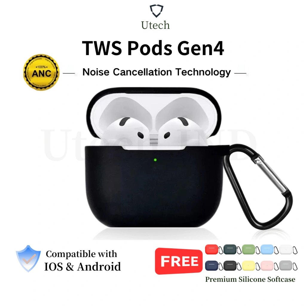 Utech Pods Gen4 TWS Bluetooth 5.3 Earphone Bluetooth with Microphone HiFi Stereo Bass Earbuds with Free Case for AirPods Gen 4 AirPods Gen 3 1:1 AirPods Pro