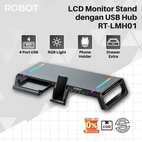 ROBOT LCD Monitor Stand RT-LMH01 Multifungsi dengan USB Hub 4 Port + Phone Holder RGB Desk Organizer Stand Monitor Laptop Multifunction