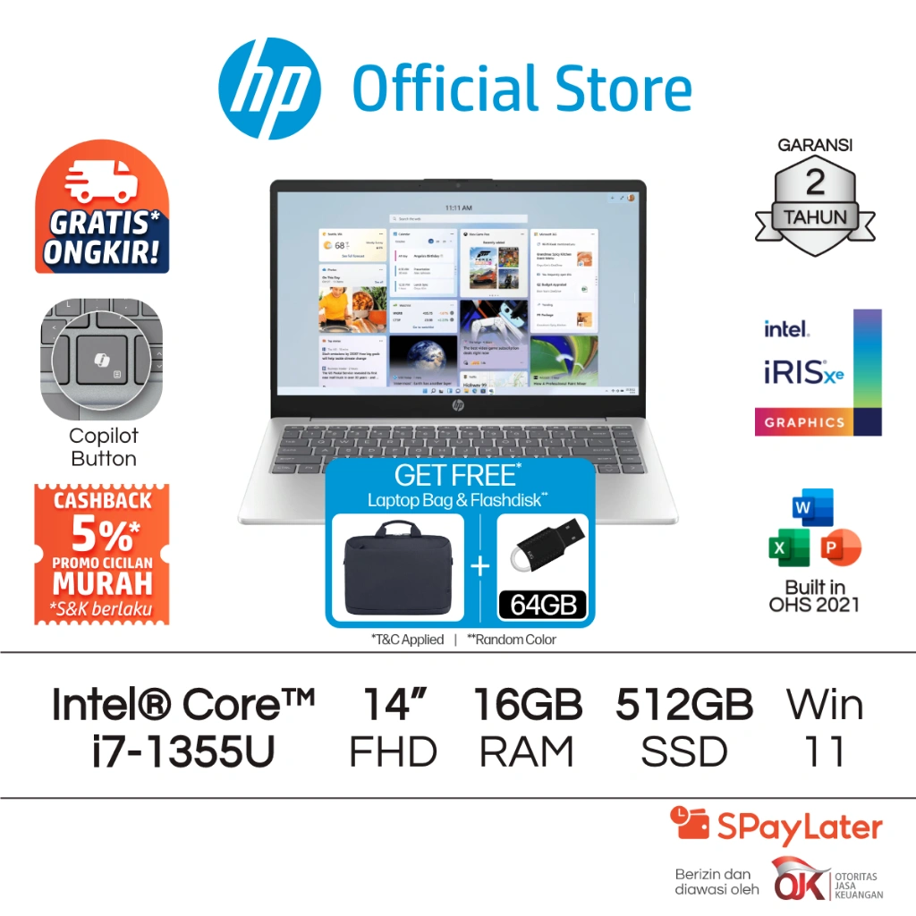 Laptop HP Intel Core i7 Iris X 8GB / 16GB RAM 512GB SSD Silver / Blue Windows 11 Home 14 Inch / 15 Inch Gen 12 Garansi 2 Tahun Promo Murah Gratis Ongkir Official Non Second