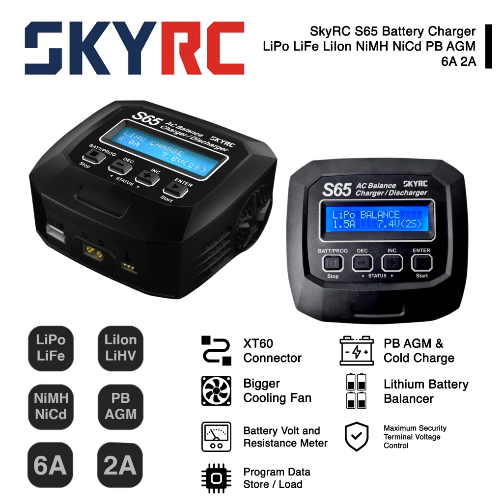 Charger SkyRC S65 65W 6A Alat Cas LiPo 2S 3S 4S RC Discharger/Balance Charger XT60 Original