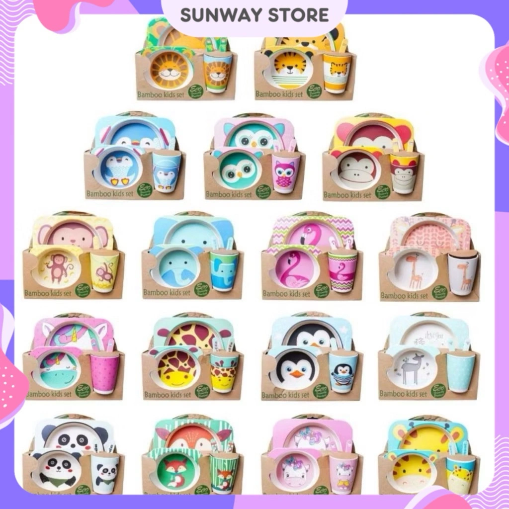SUNWAYSTORE - 5 in 1 Set Alat Makan Anak Bahan Bamboo Fiber Karakter Lucu / Piring Sendok Garpu Gelas Anak Balita Peralatan Makan / 5in1 Kids Feeding Set