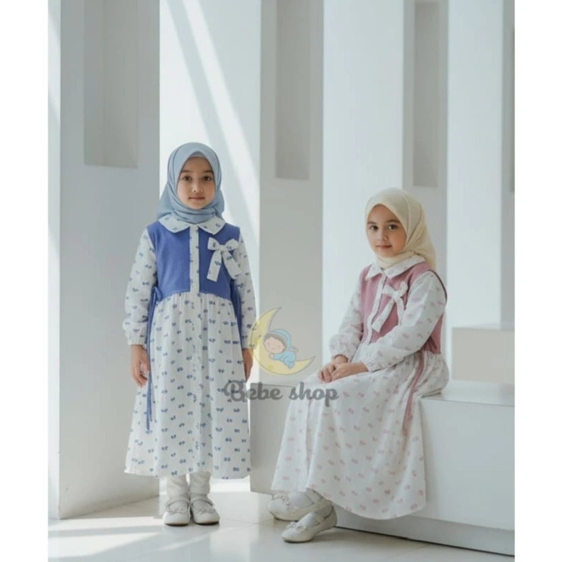 Gamis anak perempuan motif pita terbaru usia 1 sampai 12 tahun bahan cringkle kombinasi knit premium cocok untuk ramdhan dan lebaran