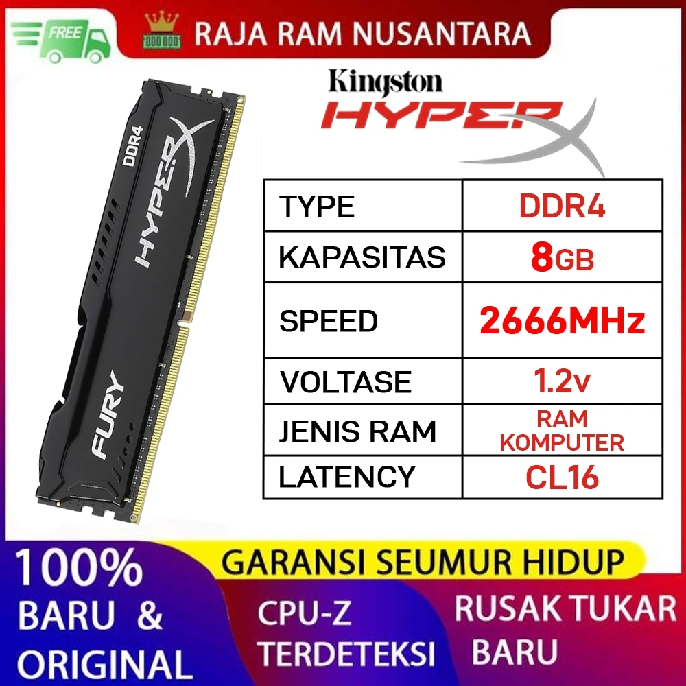 RAM PC KINGSTON HYPERX FURY DDR4 8GB 2666MHz PC 21300 1.2v ORI RAM GAMING KOMPUTER DDR4 8GB LONGDIMM