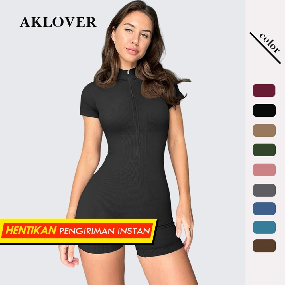 AKLOVER Jumpsuit Olahraga Wanita, Lengan Pendek,  Jumper seleting wanita